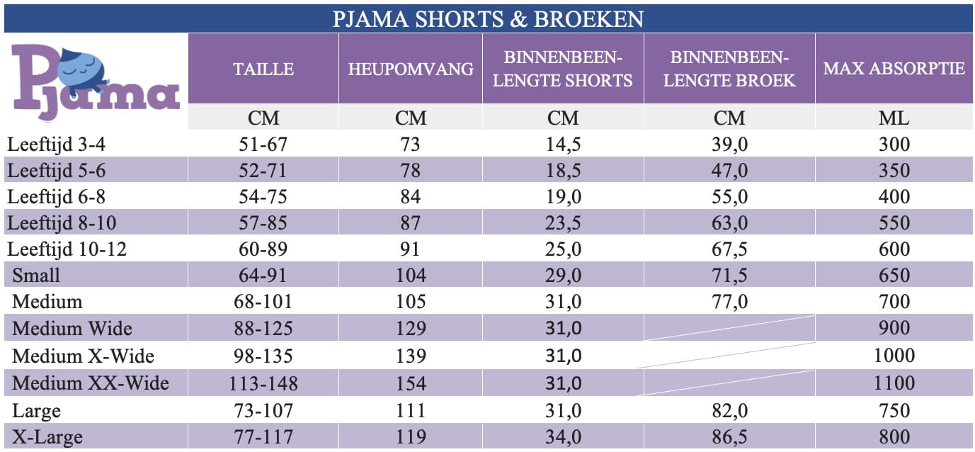 Pjama Pants Shorts_NL Sizeguide Pjama Pnats and Shorts