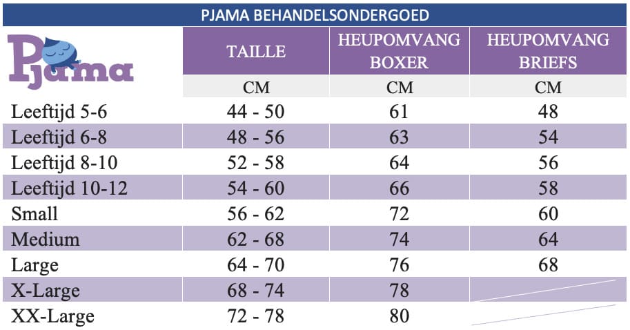 Pjama Treatment Underwear_NL Sizeguide treatment underwear